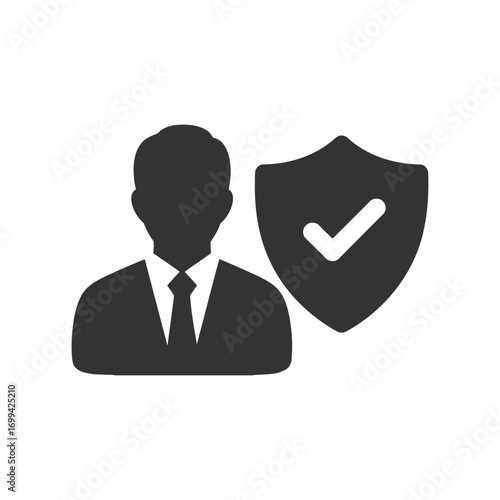 Business person silhouette with security shield and checkmark icon for assurance white background