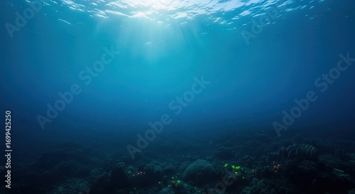 Wallpaper Mural Sunlight filters through the deep blue ocean water above the rocky seabed Torontodigital.ca