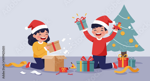 A delightful Flat Design vector illustration depicting two joyful children eagerly opening their Christmas presents. This clean, modern 2D artwork perfectly captures the pure excitement and happiness 