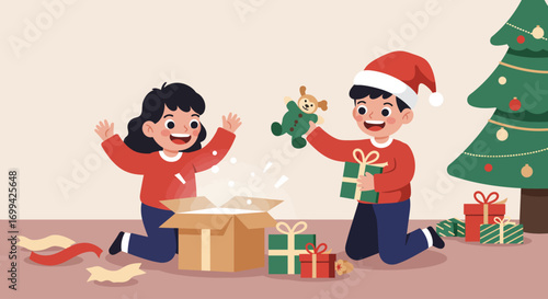 A delightful Flat Design vector illustration depicting two joyful children eagerly opening their Christmas presents. This clean, modern 2D artwork perfectly captures the pure excitement and happiness 