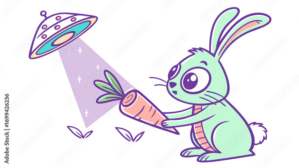 Obraz premium Cartoon Bunny Receives Carrot Beam from a UFO in a Whimsical Scene
