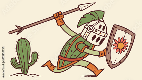 Cartoon Knight Charging with Spear and Flower Shield Beside a Cactus