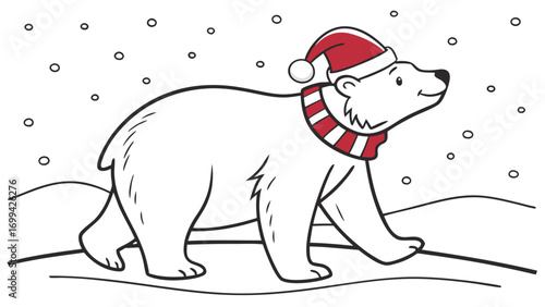 Cartoon Polar Bear with Santa Hat and Striped Scarf Walking in Snow