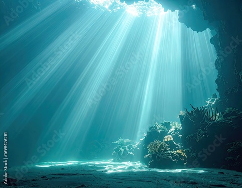 Teal And Gold Light Rays In Underwater Cave