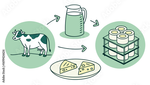 Dairy Production A Cow Milk Cheese and the Food Chain Depicted