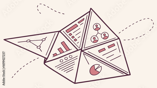 Origami Fortune Teller with Data Charts and Network Diagram Illustrations