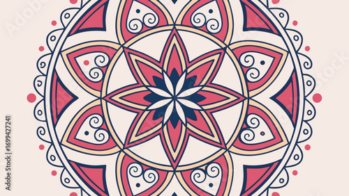 Ornate Floral Mandala with Spirals and Geometric Shapes in Red and Blue