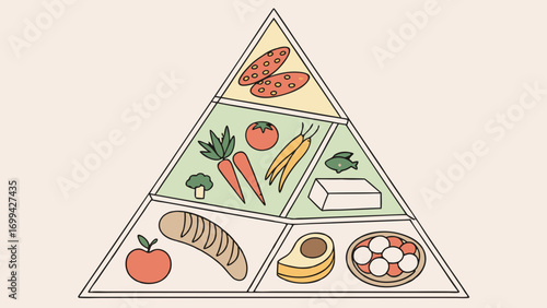 Stylized Food Pyramid Illustration with Bread Fruits Vegetables and Protein Sources