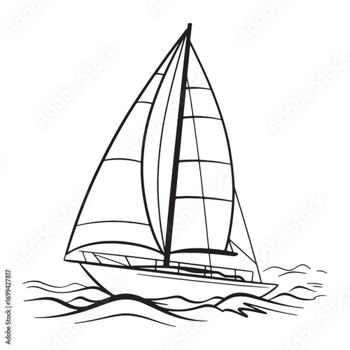 Elegant Monochrome Sailboat Illustration Depicting a Vessel on Wavy Waters, Portraying Nautical Beauty and Maritime Adventure
