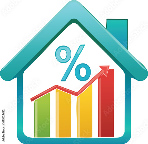 A house-shaped icon displaying a rising percentage graph, signifying home value increase.