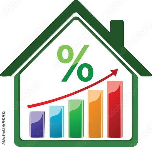 A graphic illustration of a house with a rising financial growth chart and percentage symbol.