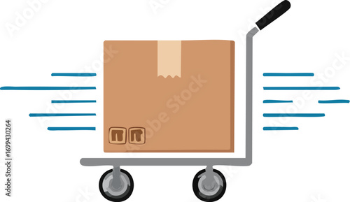 A cardboard box on a hand truck moves quickly, indicated by blue motion lines.