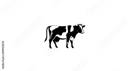 A black and white illustration of a cow standing, showing its udder and horns.