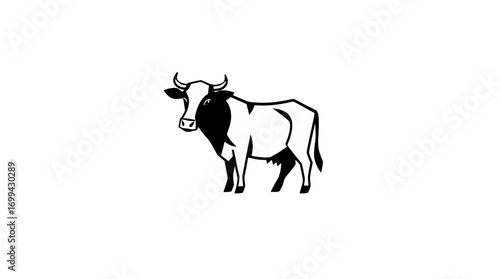 A black and white illustration of a cow standing, facing left, on a white background.