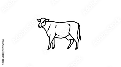 A simple black and white line drawing depicting a standing cow.