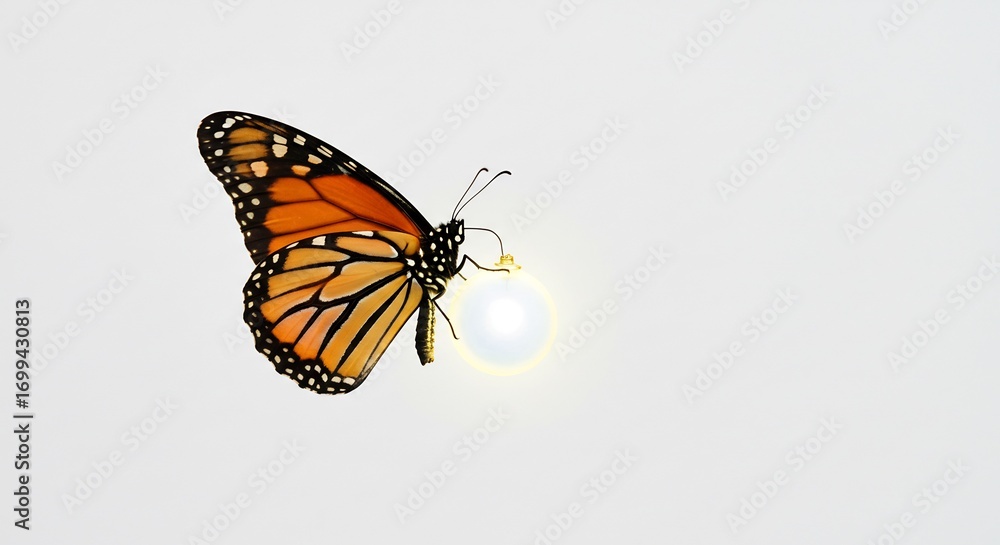 Fototapeta premium Papillon monarque vole gracieusement lumiere douce fond blanc. AI Generated