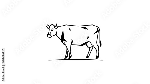 A stylized black and white illustration of a cow standing in profile, showcasing its features.