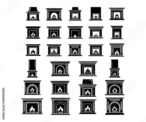 Fireplace Icon Set – Black and White Christmas Holiday Vector Pack