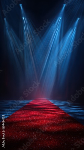 Spotlight shines on a glamorous red carpet in an elegant venue for a prestigious event