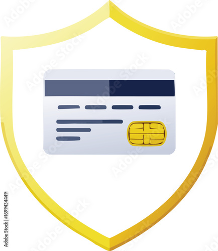Secure credit card payment, protected by a golden shield.