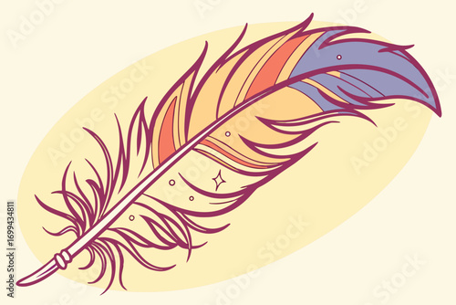 A colorful feather with intricate details against a light yellow oval background art design style