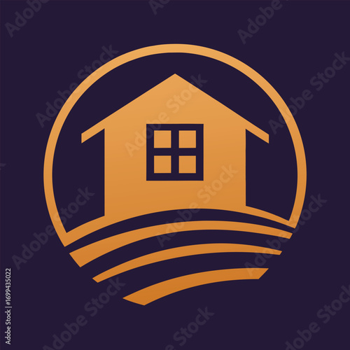 Orange house icon with window on wavy lines inside circle on dark purple background