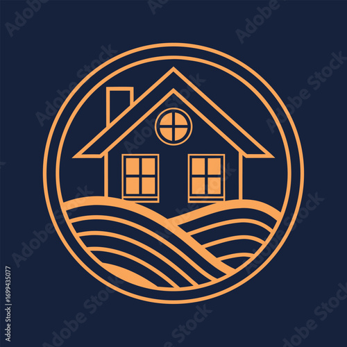Orange house with rolling hills inside a circle on dark blue background home building