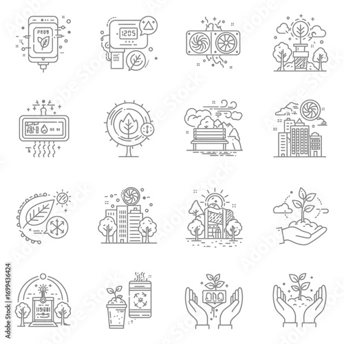 Collection of sixteen minimalist line art icons depicting smart city, nature, and sustainability concepts, ideal for eco-friendly projects and websites.