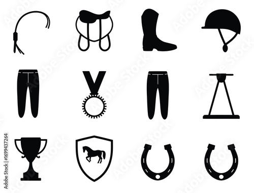 16 Horse Icons for Web – Simple Black Vector Set of Horses, Equestrian Symbols, Riding Gear, Hooves, Jockeys, Galloping, Stable, Saddle, Jumping, Racing, Minimal Outline Illustration

 