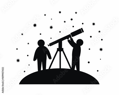 People watching stars with telescope in snowy field,  silhouette vector  illustration