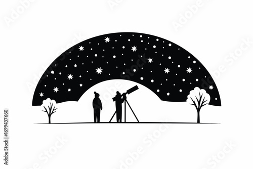 People watching stars with telescope in snowy field,  silhouette vector  illustration