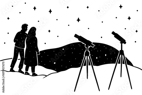 People watching stars with telescope in snowy field,  silhouette vector  illustration