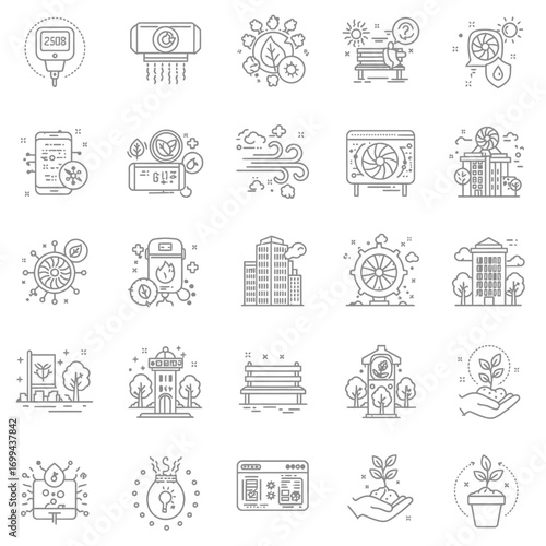 Collection of modern line art icons representing environmental sustainability, smart cities, and healthy living concepts for digital design.