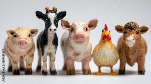 A row of farm animal figurines including pigs cows and a chicken toy.