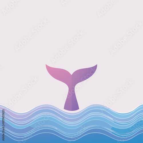 Minimalist vector illustration of whale tail above stylized ocean wave, horizon balanced on lower third, pastel lavender gradient