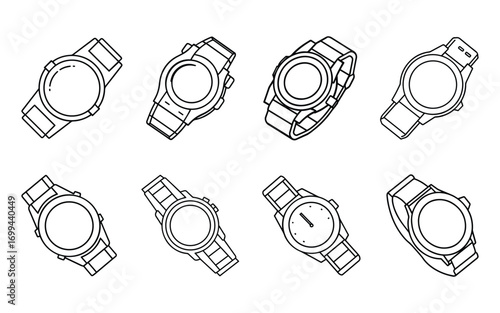 Set of smartwatch line art, black outline, coloring book page vector illustration