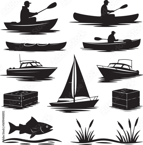 Silhouette Icons of Watercraft and Aquatic Elements kayaking canoe