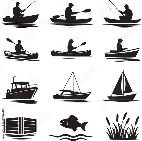 Water sports and fishing activity icons on white background Keywords: fishing boat, kayak, canoe