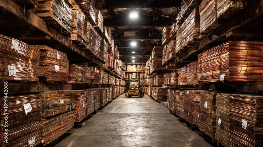 Fototapeta premium Warehouse storage of copper sheets industrial facility high-volume inventory interior view