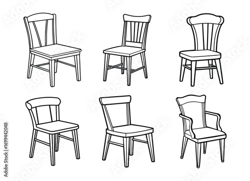 Set of wooden chair line art, black outline, coloring book page vector illustration
