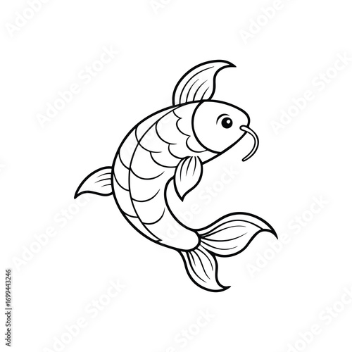 koi fish line art, black outline, coloring book page vector illustration