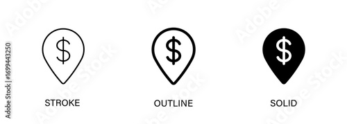 Location and money icons for finance, banking, sales. Vector stroke, outline and solid icons. Eps10 file.