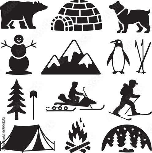 Winter Arctic and Snow Activities Silhouette Collection polar bear igloo