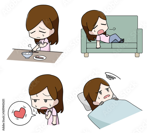 うつ病の身体的症状のイラスト4種類セット・女性