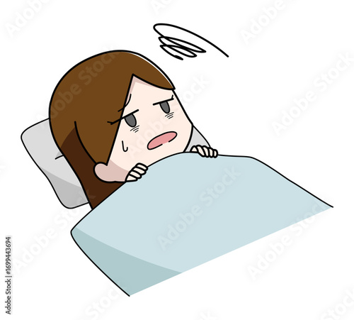 布団に入っても眠れない女性のイラスト