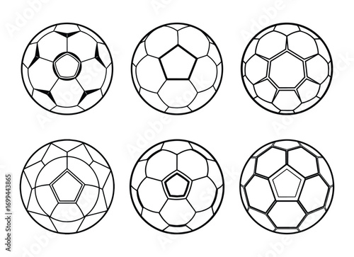 Set of soccer ball line art, black outline, coloring book page vector illustration