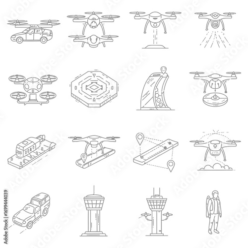 A collection of line art icons illustrating various drone applications, aerial surveillance, and modern technology concepts for graphic design.