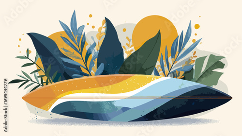 Surfboard surrounded by tropical plants
