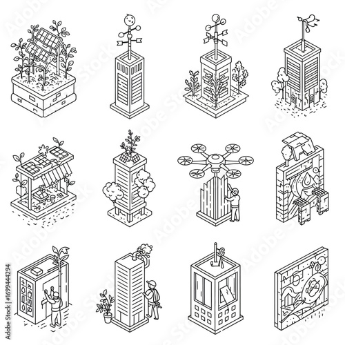 This illustrative set features isometric line art icons showcasing sustainable city concepts, smart building designs, and eco-friendly urban development.