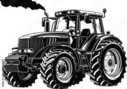 Powerful modern farm tractor with large rugged tires, black and white illustration, agricultural machinery, diesel engine, rural equipment drawing